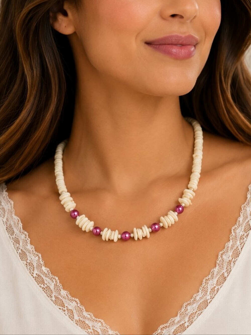 3/$30 Puka Shell Hot Pink Glass Pearl Surfer Hawaiian Collar Festival Necklace